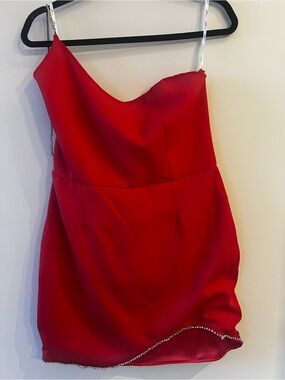 One-Shoulder Red Mini Dress with Crystal-Strap Detail
